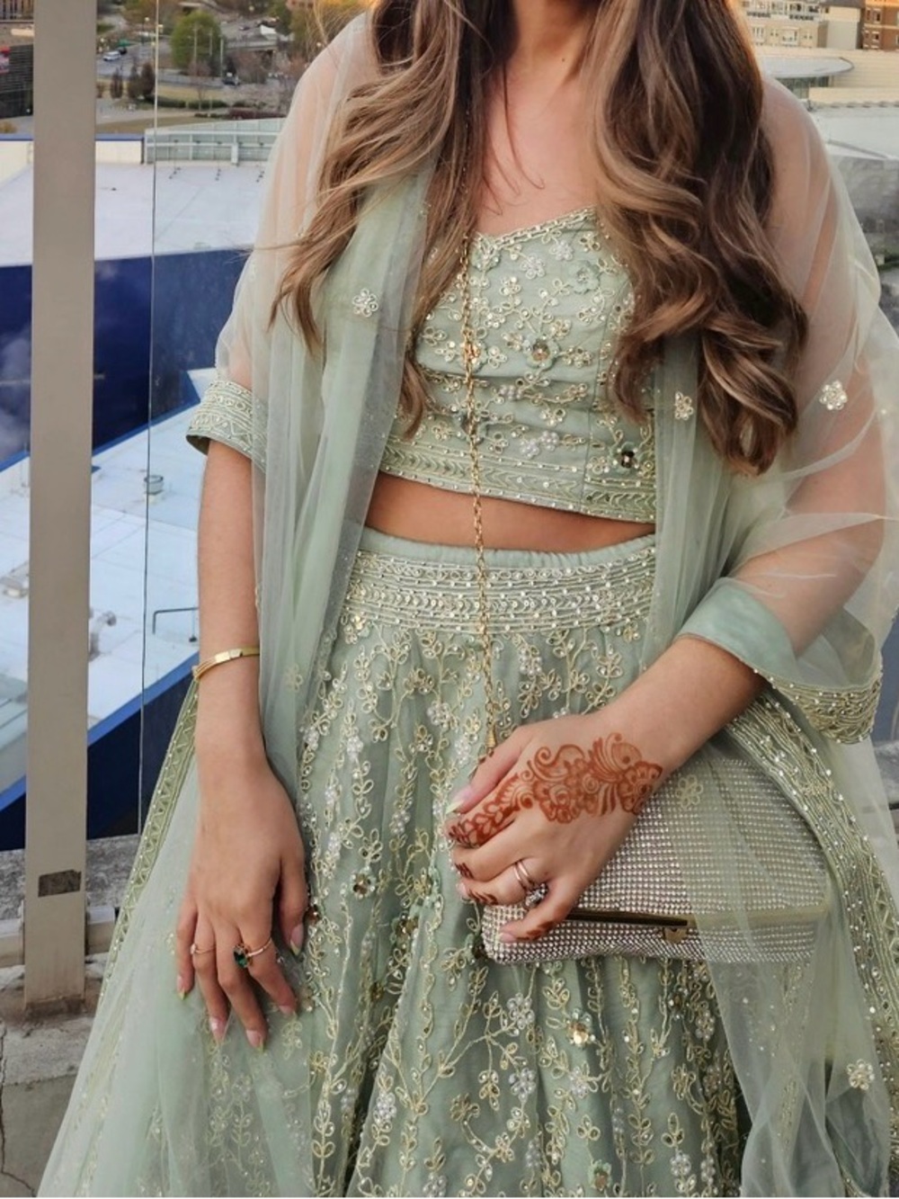 Embroidered Sage Green Bridal Lehenga with Sheer Dupatta